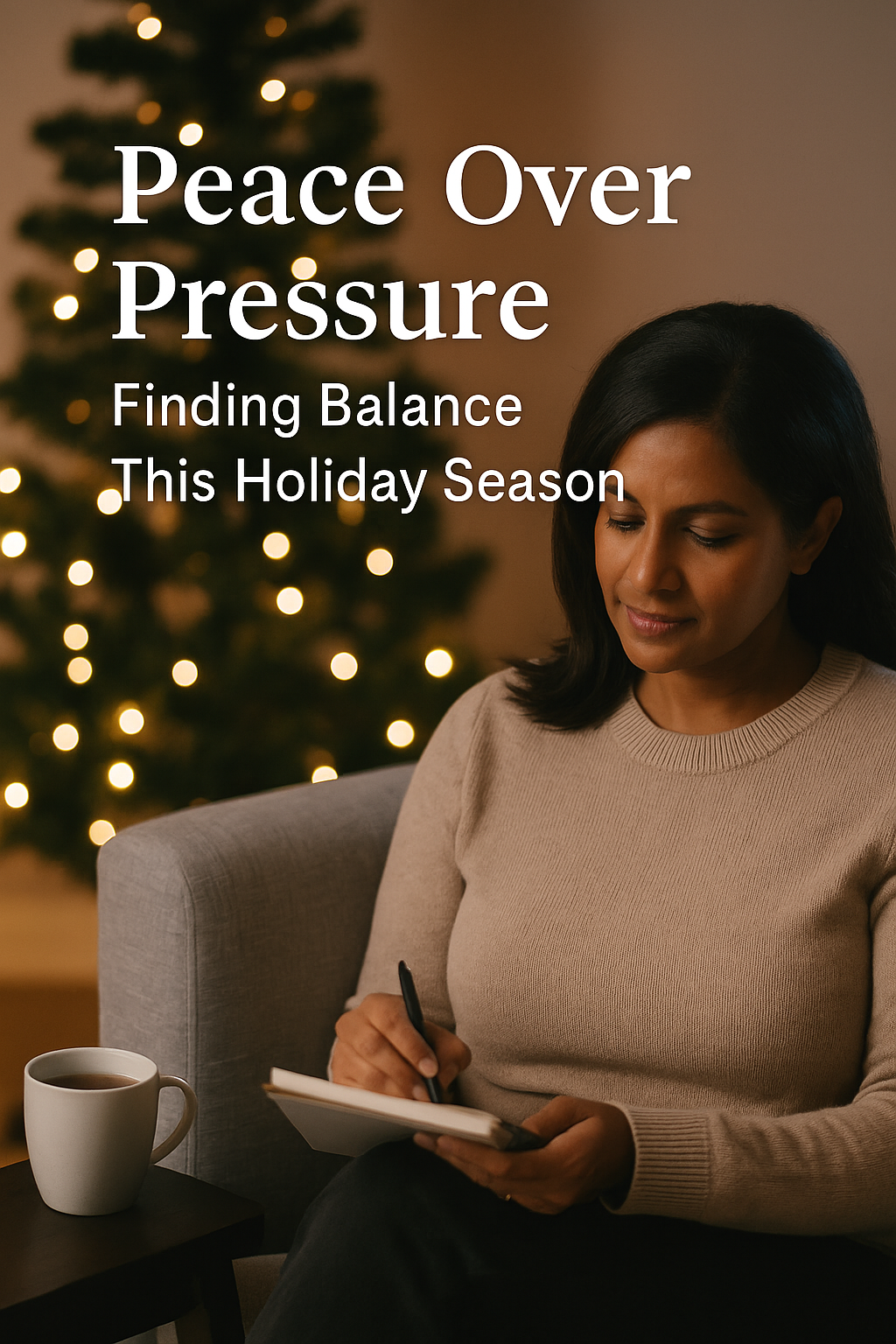 A professional woman in her 40s, with medium brown skin and dark hair, sits on a sofa near softly glowing holiday lights, journaling with a cup of tea beside her. The scene feels calm, warm, and reflective, symbolizing peace, mindfulness, and emotional balance during the holiday season